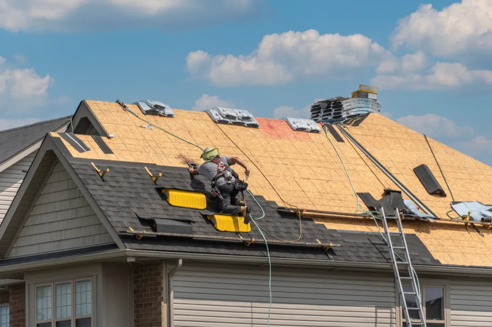 Force 5 Roofing tear-off in progress — fresh decking exposed, new shingle bundles staged at the ridge